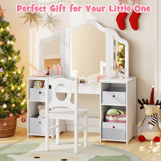 The vanity table set is decorated for Christmas with a tree and reindeer