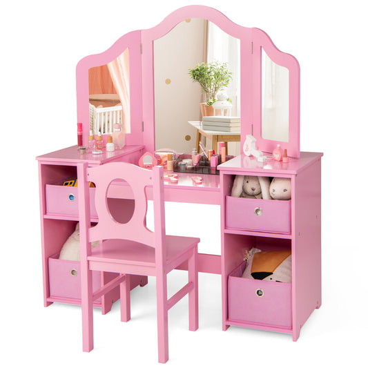Kids Vanity Desk and Chair in pink, a dressing table with three mirrors and a matching stool
