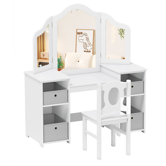 Kids Vanity Desk and Chair with three mirrors and grey storage drawers
