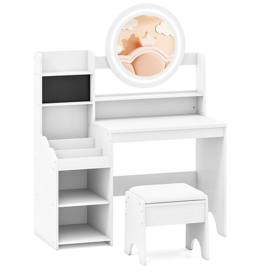 Kids Vanity Desk Princess Pretend Play Dressing Table Set with mirror and lights