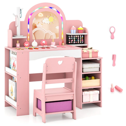 Kids Vanity Desk with Mirror and Open Storage Shelves in pink, with a chair and accessories on top
