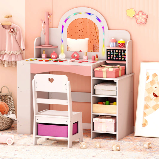 The kids vanity set placed in a soft pink bedroom setting with toys and decorations