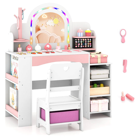 Kids Vanity Desk with Mirror and Open Storage Shelves shown on a plain white background