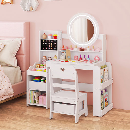 The dressing table and chair set in a child's bedroom with a pink bed
