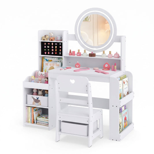 Kids Vanity Desk with mirror, bookshelf and chair, showing the full set in white