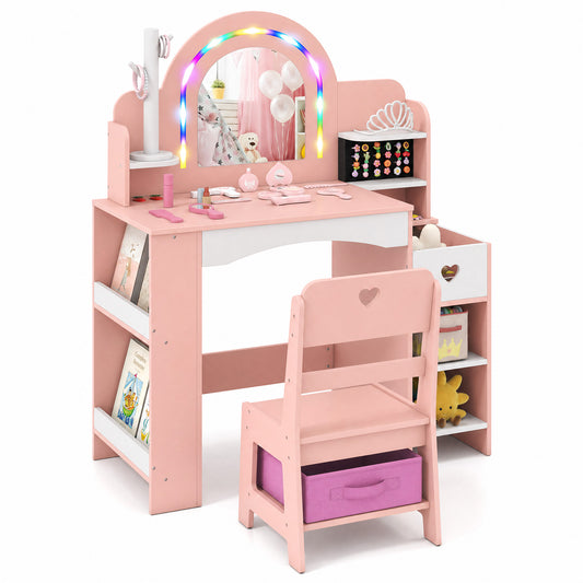 Kids Vanity Desk with mirror lights and open storage shelves in pink