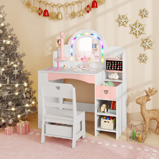 The kids vanity set placed in a festive room with a Christmas tree and decorations