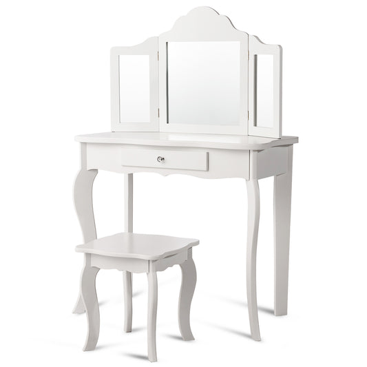 Kids Vanity Makeup Table Set with a tri-fold mirror and matching stool, all in white