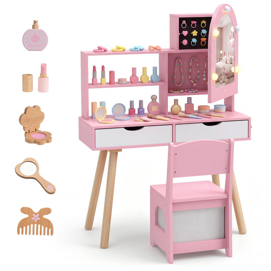 Kids Vanity Pretend Makeup Dressing Desk with Drawers, a pink vanity with a mirror, chair, and pretend makeup accessories