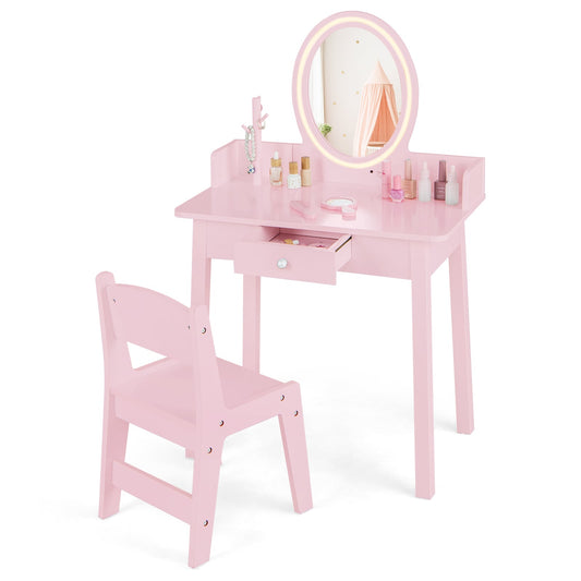 Kids Vanity Set Makeup Beauty Dressing Table and Chair with a light pink finish and lighted mirror