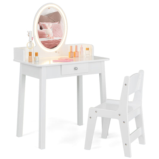 Kids Vanity Set Makeup Beauty Dressing Table and Chair with Lighted Mirror-White, a white dressing table with an oval mirror