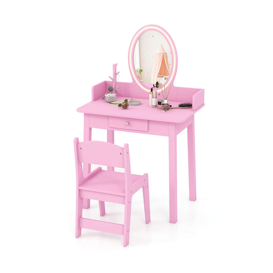 Kids Vanity Set Makeup Beauty Dressing Table and Chair, a pink dressing table and chair with an oval mirror and drawer