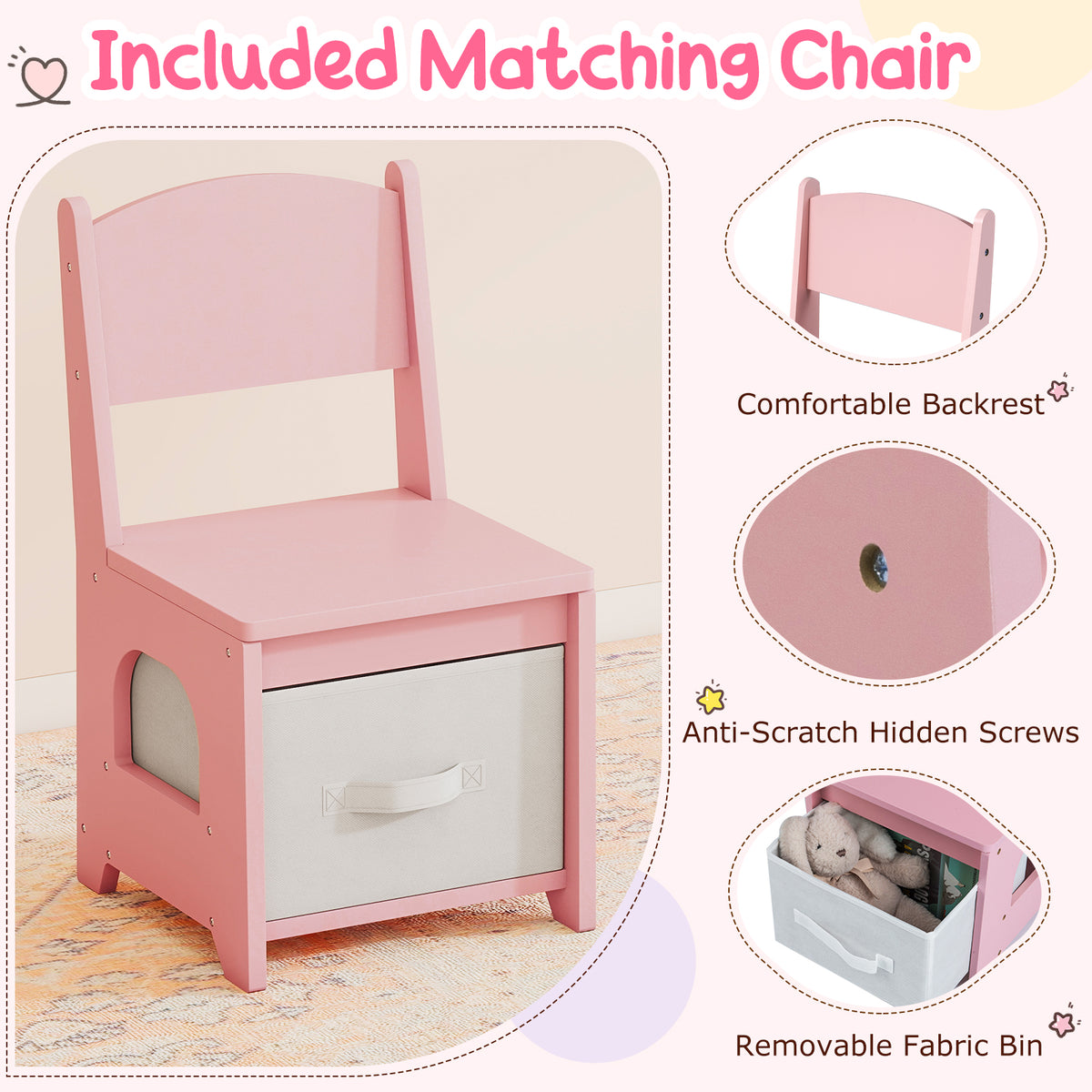 Close up of the pink dressing table chair with storage drawer and details