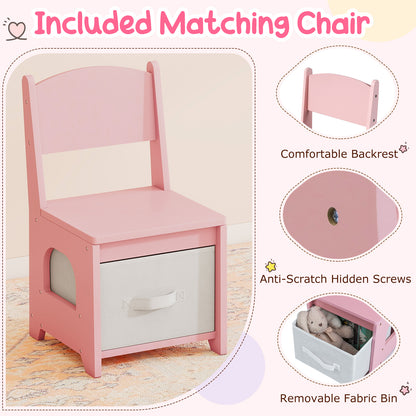 Close up of the pink dressing table chair with storage drawer and details