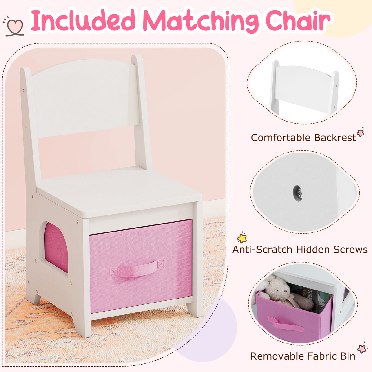 The included matching chair for the kids vanity set, showing its comfortable backrest and removable fabric bin