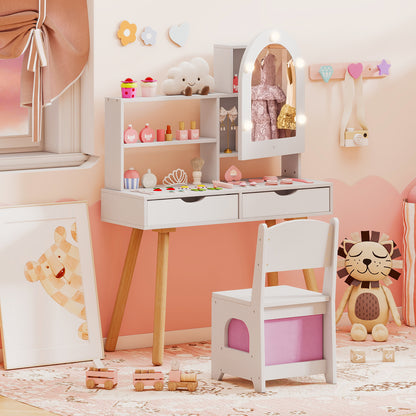 The dressing table set positioned against a wall with decorative wall hooks and a bear poster
