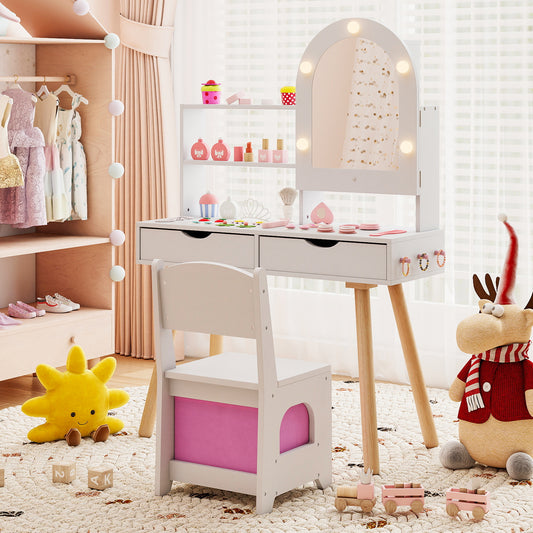 The kids vanity set placed in a bright playroom with a rug and soft toy reindeer nearby