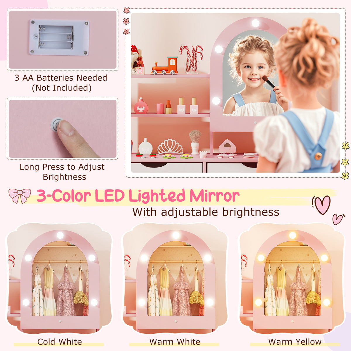 Three lighting modes of the pink dressing table mirror: cold white, warm white, and warm yellow