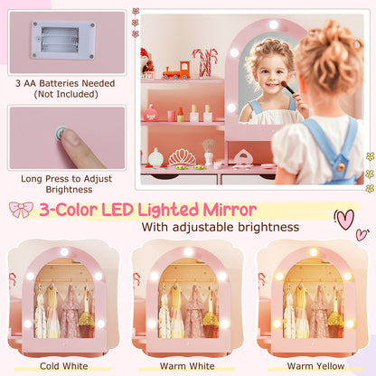 Three lighting modes of the pink dressing table mirror: cold white, warm white, and warm yellow
