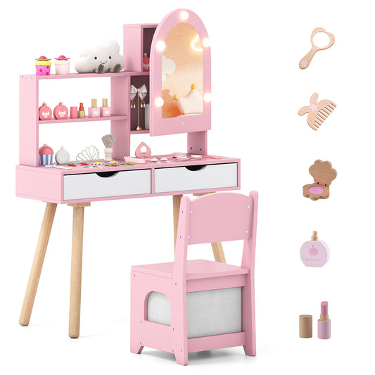Kids Vanity Set Pretend Play Dressing Table Set with 3-Color Lighting Modes-Pink, a pink dressing table with a mirror and