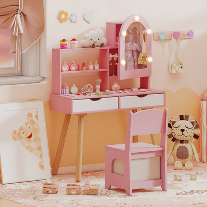 Pink dressing table and chair set in a child's playroom with toys and decorations