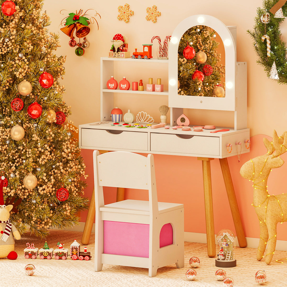 The dressing table set decorated for Christmas next to a lit tree and festive ornaments