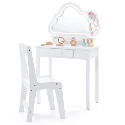 Kids Vanity Set with a cloud mirror with LED lights and a matching stool