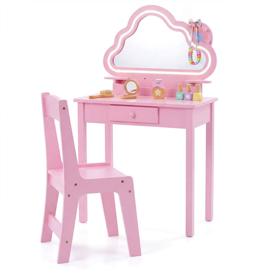 Kids Vanity Set with a pink stool and a cloud mirror with LED lights