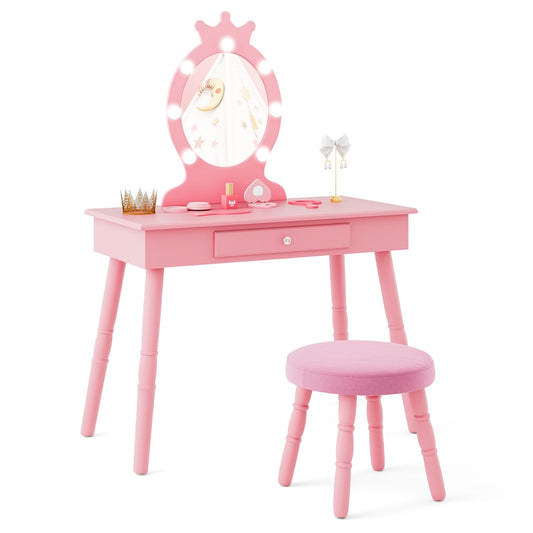 Kids Vanity Set with a lighted mirror and matching stool, all in pink