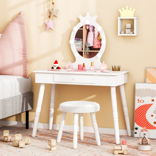The kids vanity set in a child's bedroom with toys and decorations