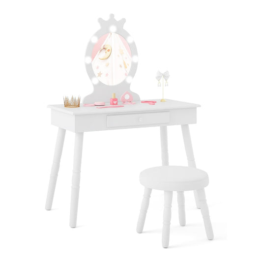 Kids Vanity Set with a lighted mirror and a stool, all in white