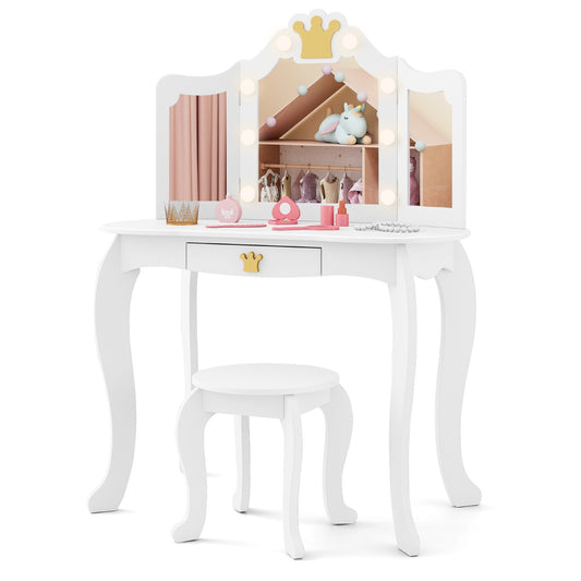 Kids Vanity Set with a tri-fold mirror, crown detail, pull-out drawer and matching stool