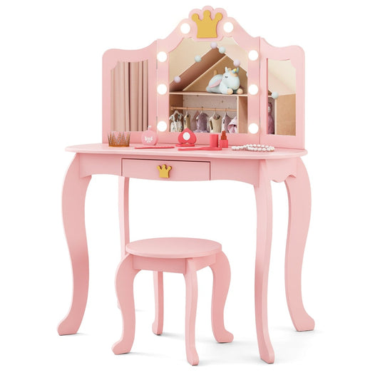 Kids Vanity Set with a lighted mirror and stool in pink