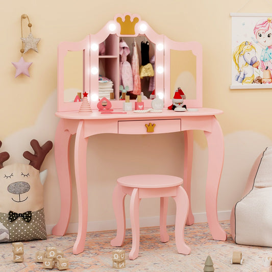 Pink kids dressing table with stool in a child's bedroom