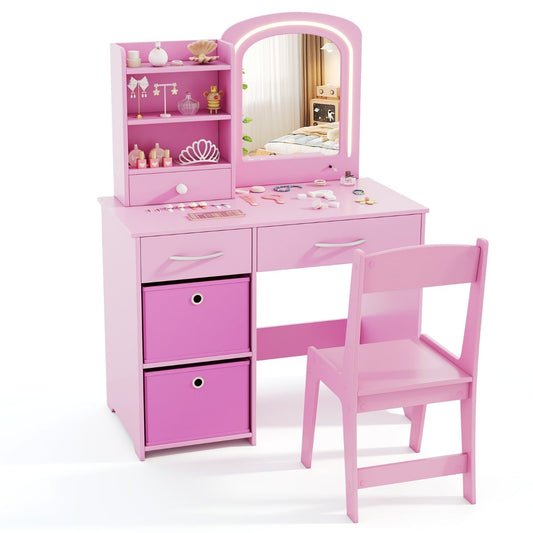 Kids Vanity Set with Lighted Mirror and Storage Drawers in pink, a vanity table with a lighted mirror and a matching chair