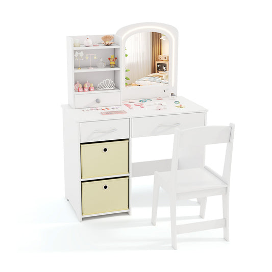 Kids Vanity Set with Lighted Mirror and Storage Drawers in white with a matching chair