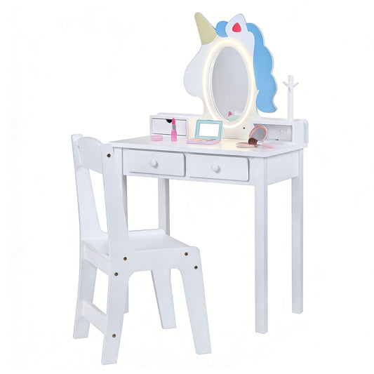 Kids Vanity Set with a white stool and a unicorn mirror with lights