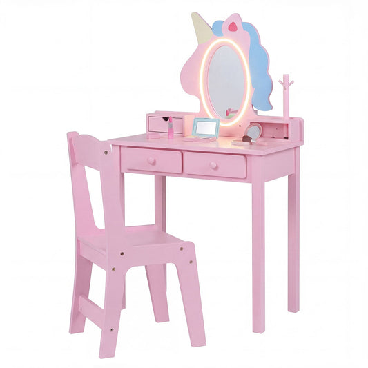 Kids Vanity Set with a pink stool and a unicorn mirror with lights