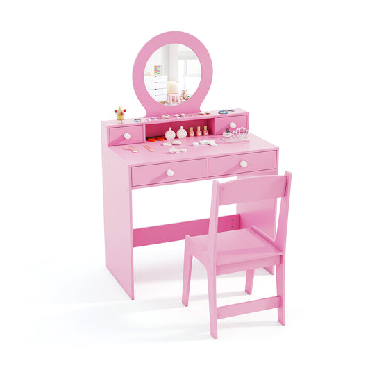 Kids Vanity Set with open shelf and 4 storage drawers in pink