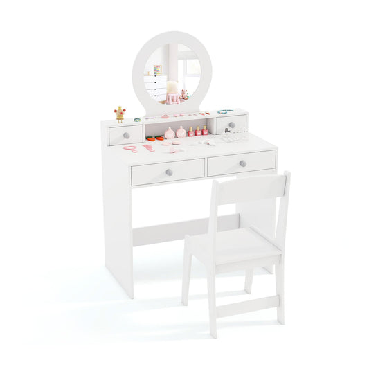 Kids Vanity Set with open shelf and four storage drawers in white with a matching stool and mirror