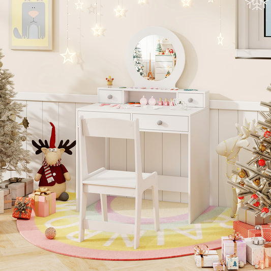 White kids vanity set with stool and mirror in a child's bedroom with festive decorations