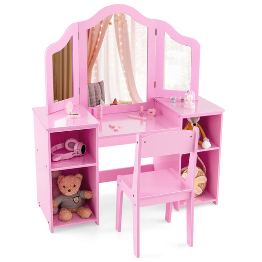 Kids Vanity Set with Tri-Folding Detachable Mirror, a pink dressing table and chair with shelves and mirrors