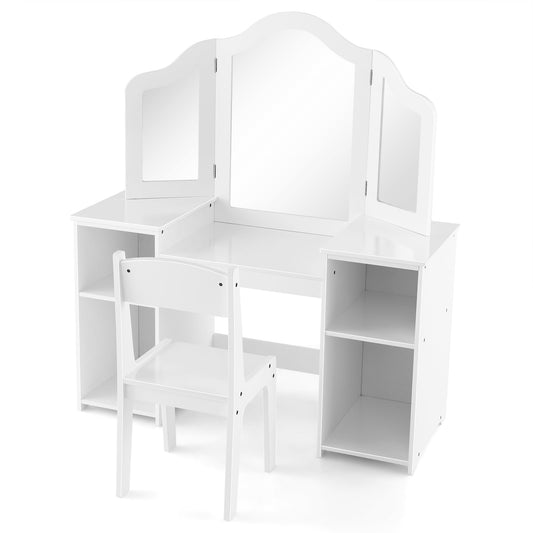 Kids Vanity Set with Tri-Folding Detachable Mirror in white, showing the front view with chair