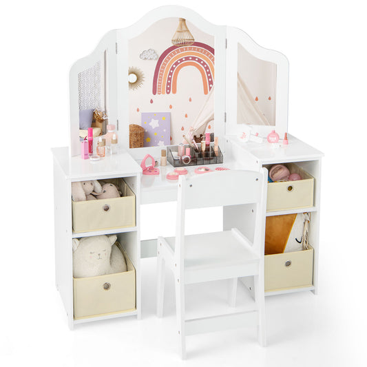 Kids Vanity Table and Chair Set with three removable mirrors and four storage bins