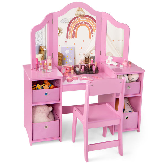Kids Vanity Table and Chair Set with three mirrors and storage bins