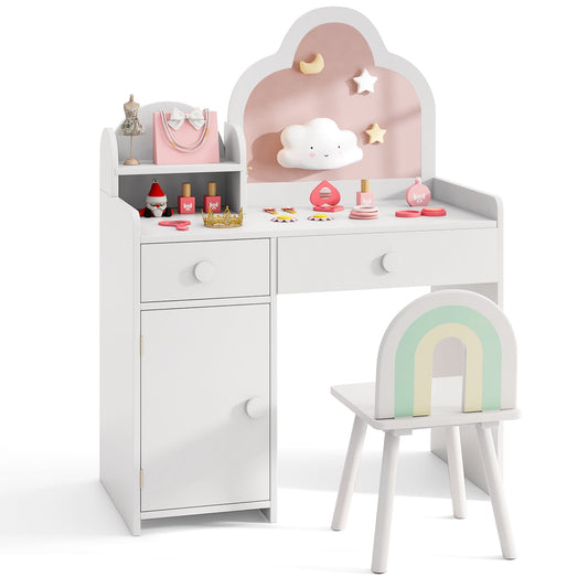 Kids Vanity Table and Chair Set with a cloud mirror and accessories on a plain white background