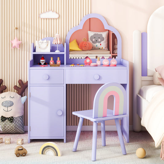 The purple kids vanity table and chair set in a child's bedroom with a bed