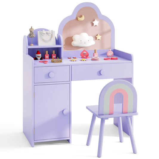 Kids Vanity Table and Chair Set with cloud-shaped mirror and shelf drawers in purple