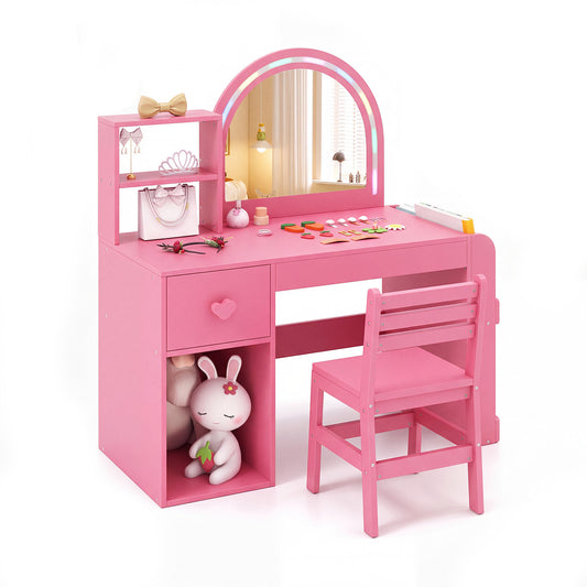 Kids Vanity Table and Chair Set with a lighted mirror and storage shelves in sakura pink