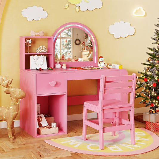 The kids vanity set placed in a festive room with a Christmas tree and rainbow rug